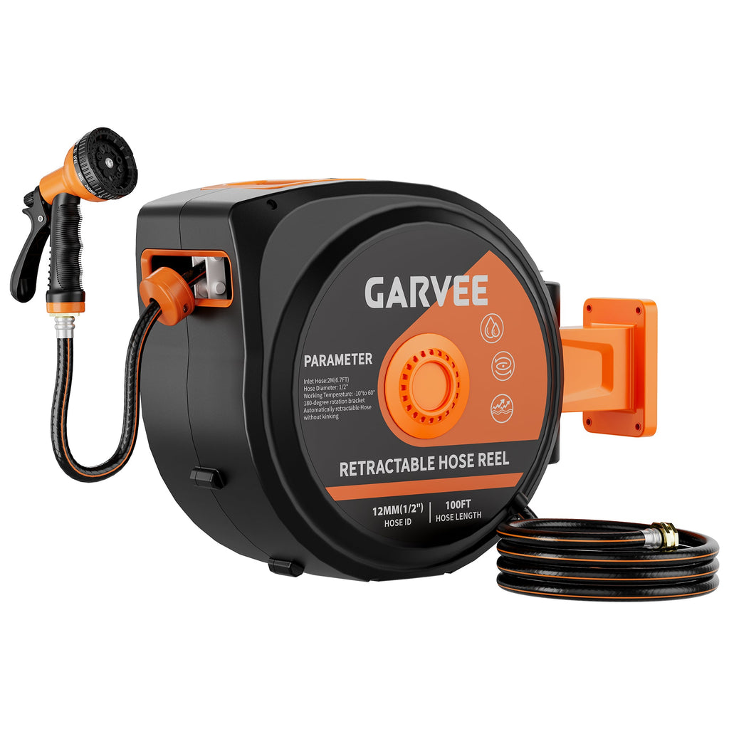 Garvee 100ft Retractable Garden Hose Reel, 1/2" Wall Mounted Hose Reel with Auto Rewind, Any-Length Lock, 180° Swivel Bracket, 10-Pattern Nozzle, Heavy Duty Outdoor Hose Storage