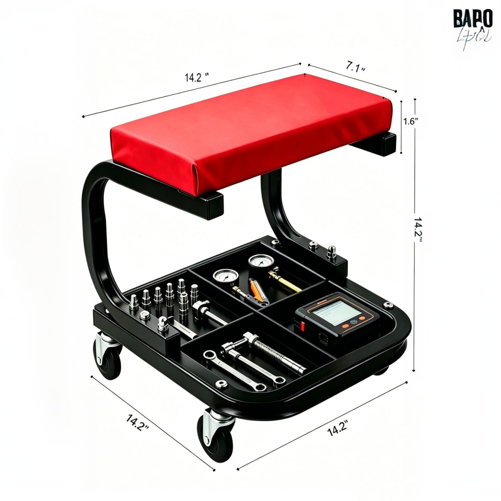 Garvee Heavy Duty Rolling Mechanic Creeper Seat – 250 lbs Capacity – Padded Garage Workshop Stool – Built-in Tool Tray – Comfortable & Durable, Black Red