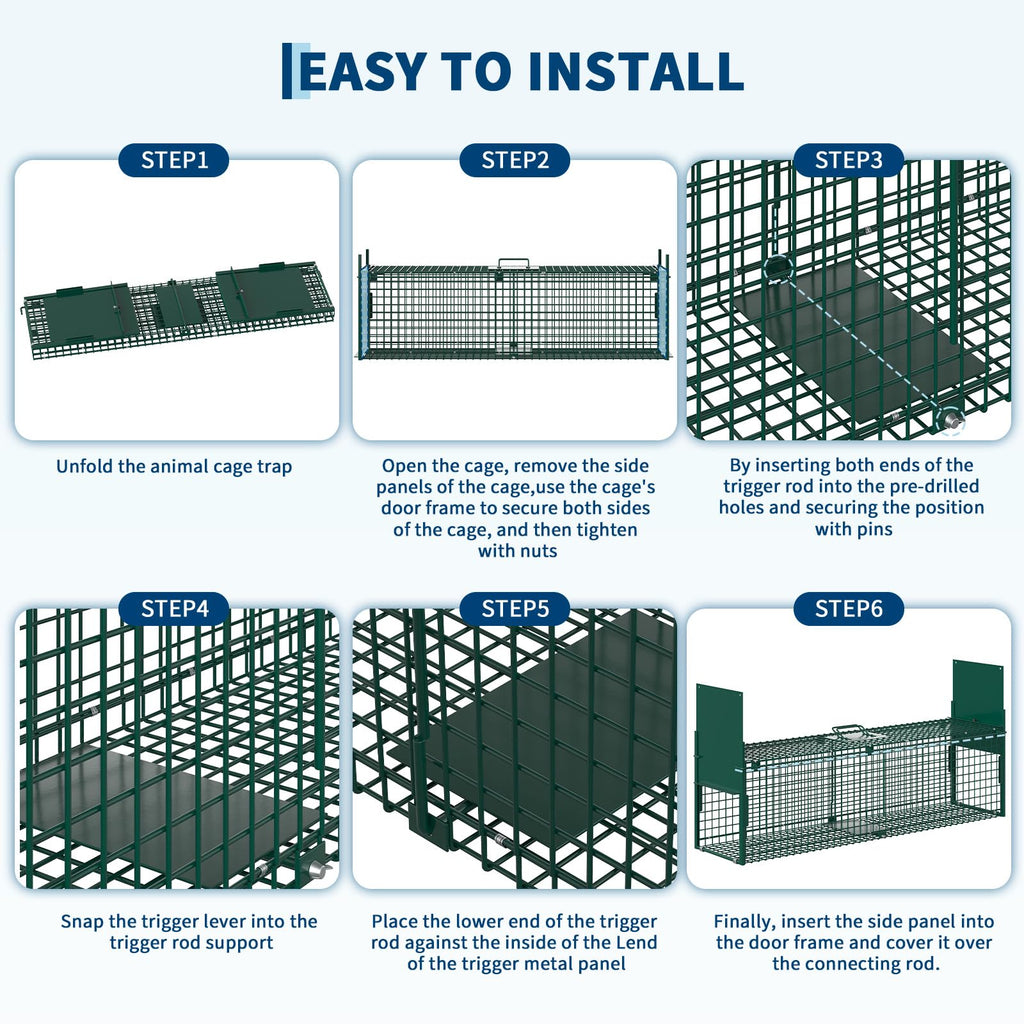 Garvee 2-Door Live Animal Trap Cage – Humane, Collapsible Steel, Sensitive Trigger – For Raccoons, Stray Cats, Rabbits, Skunks & Foxes – Easy Carry Handle – Green: 32x10x10 in / 84x26x26 cm