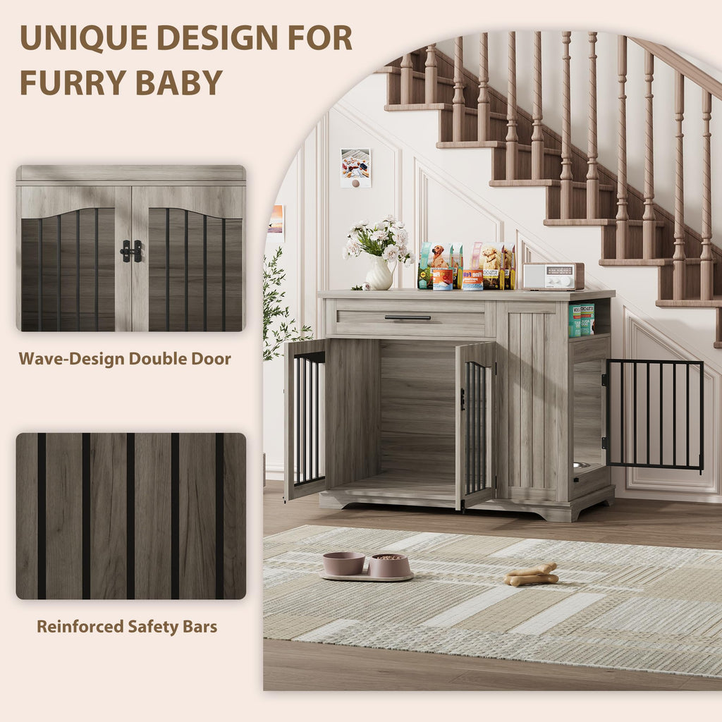 Garvee Wooden Dog Crate Furniture with Feeding Bowls & Storage, Heavy Duty Indoor Dog Kennel End Table, Decorative Furniture Dog Crate for Small Medium Large Dogs, Gray