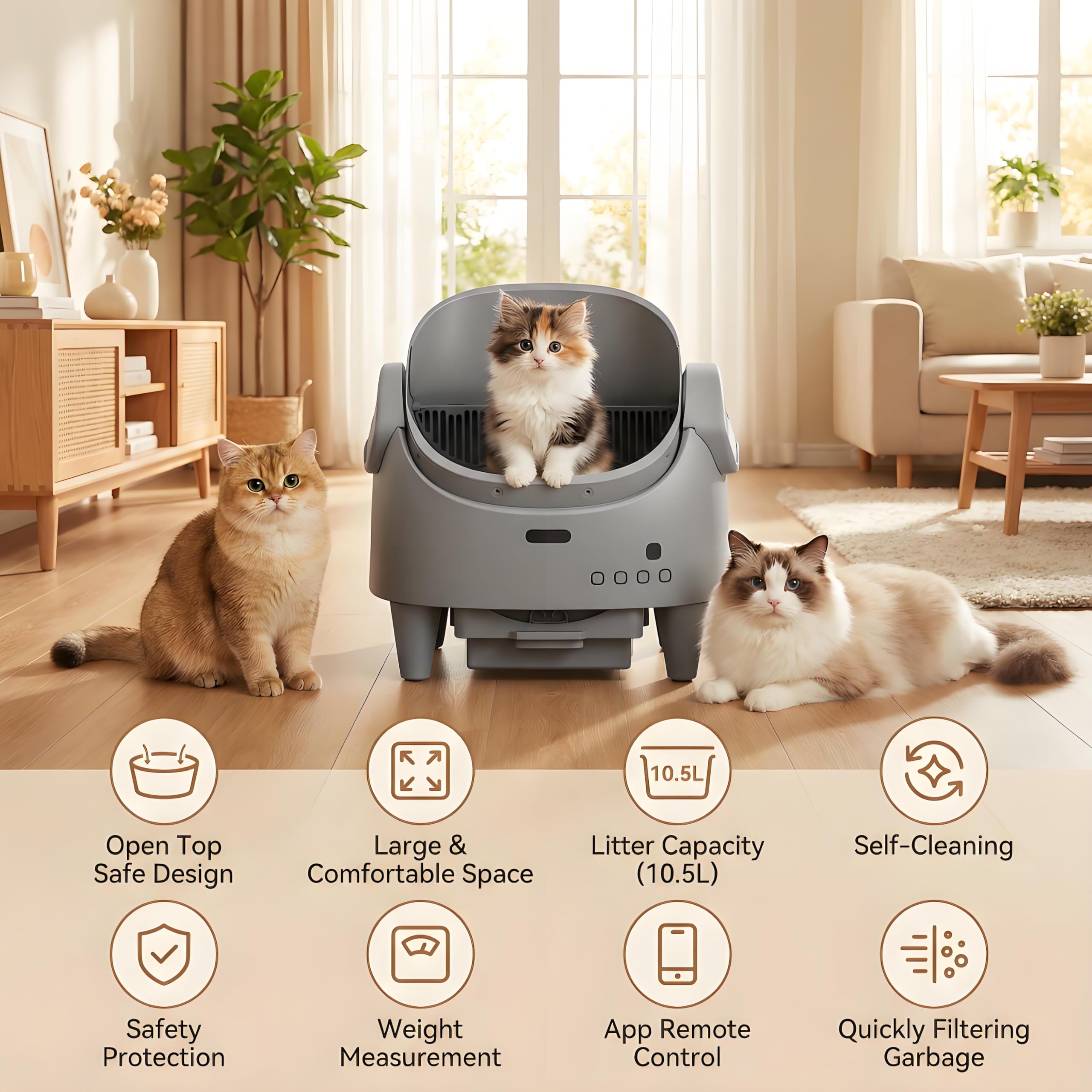 Garvee Automatic Cat Litter Box with App Control, Smart Self Cleaning Odor-Free Cat Toilet with Large Waste Bin and Disposable Bags, Open Top Design for Single or Multi Cat Households, Gray