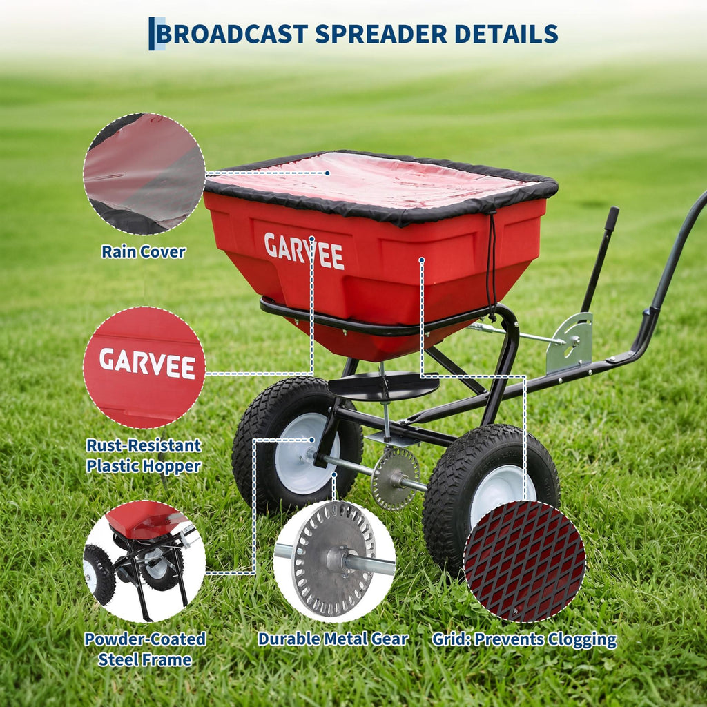 Garvee 130 lb Tow-Behind Broadcast Spreader, Heavy-Duty Lawn & Garden Spreader with 0–12 ft Coverage, Universal Hitch, 13" Pneumatic Tires & 20-Level Flow Control for ATV, UTV & Riding Mower, Red