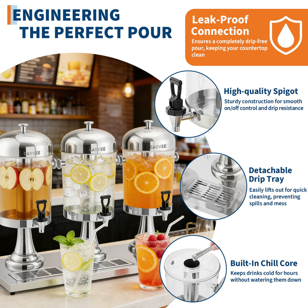 Garvee 6.6 Gallon Commercial Drink Dispenser, Stainless Steel Beverage Dispenser with Ice Core, Stand & Spigot for Cold Juice, Iced Tea and Lemonade at Parties & Weddings, Silver
