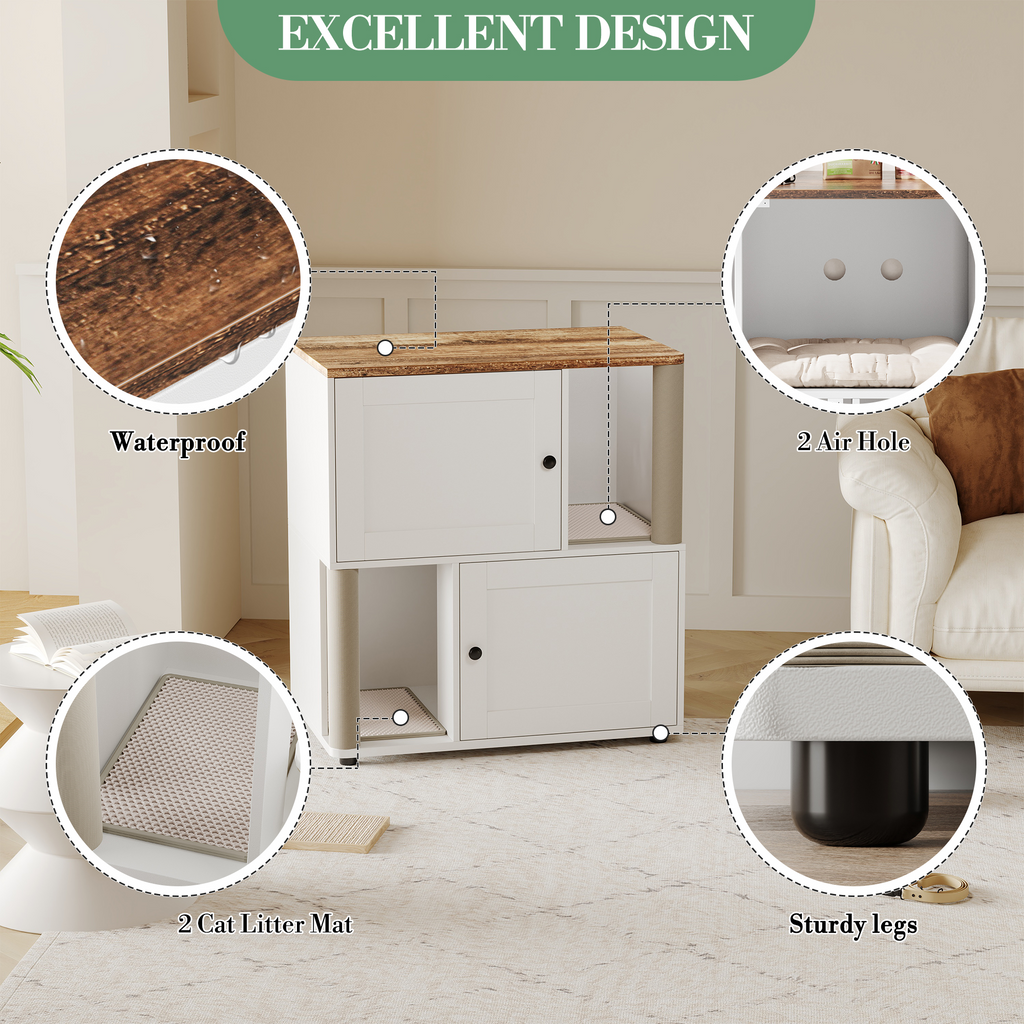 Garvee Double Cat Litter Box Enclosure for 2 Cats – 2-Tier Modern Wooden Cabinet with Hidden Litter Box, Mark Mats & Post, Corner Cat Washroom, End Table – Basic Gray Model