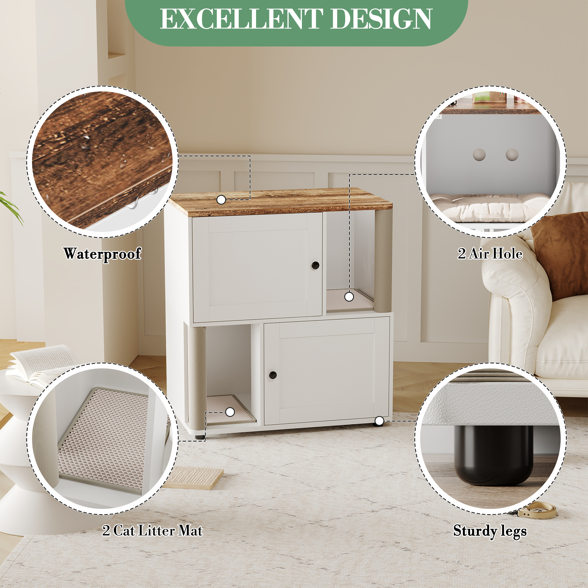Garvee Double Cat Litter Box Enclosure for 2 Cats – 2-Tier Modern Wooden Cabinet with Hidden Litter Box, Mark Mats & Post, Corner Cat Washroom, End Table – Basic Gray Model