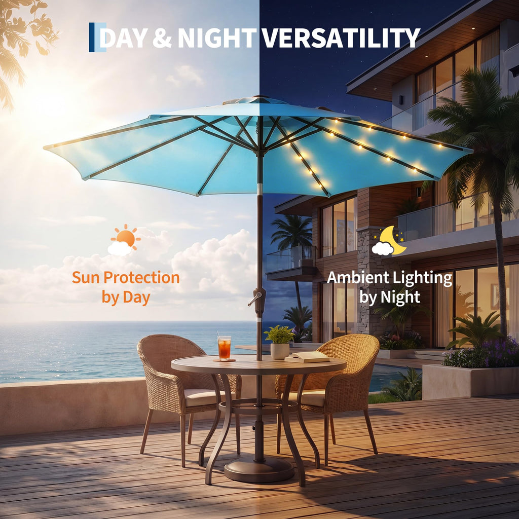 Garvee 9 FT Solar LED Patio Umbrella, Outdoor Market Table Umbrella with Tilt & Crank, 32 Lights, 8 Iron Ribs, UV Sun Shade for Garden, Deck & Pool, Blue