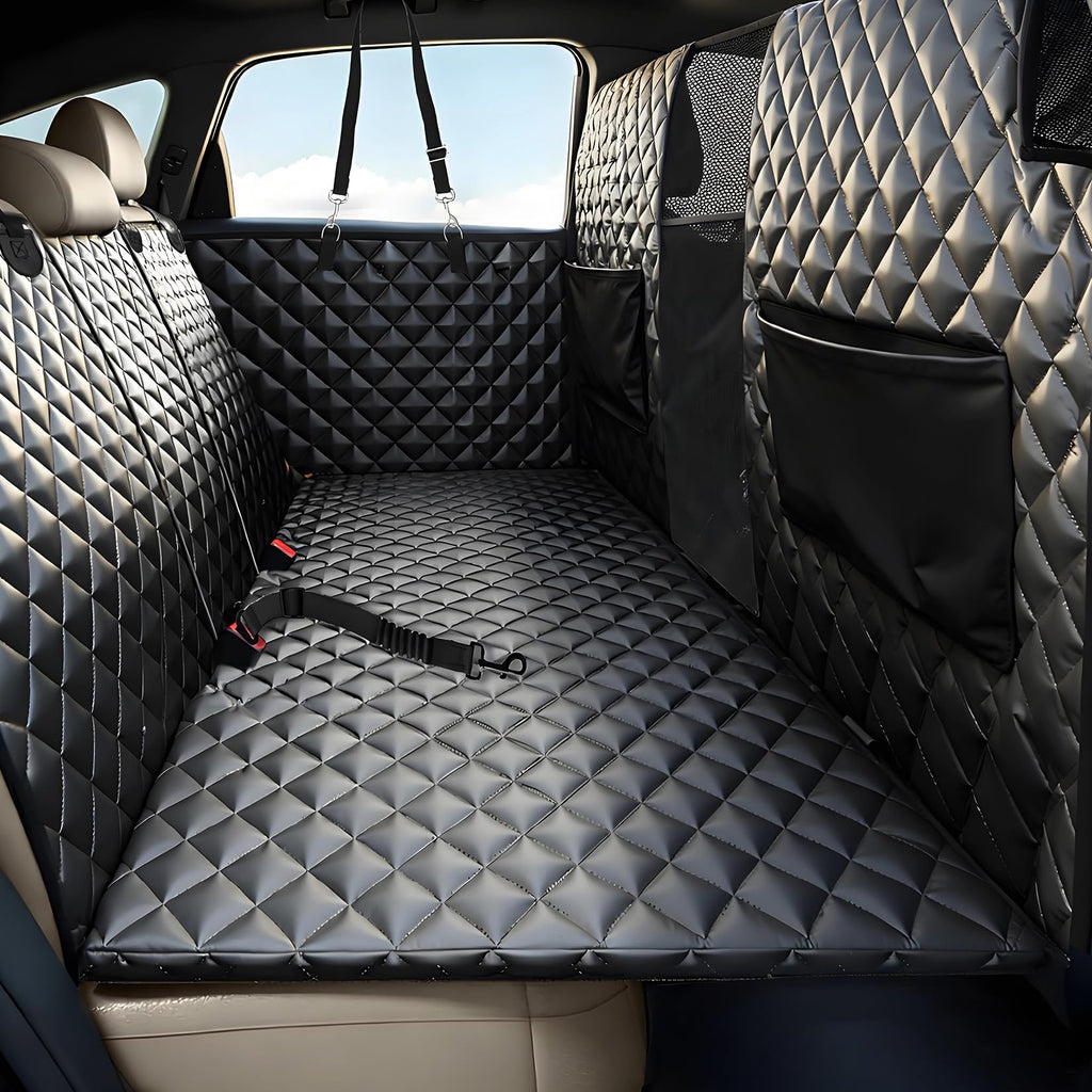 Garvee Back Seat Extender for Dogs, Hard Bottom Dog Seat Cover, Holds Up to 400 LB, Waterproof Backseat Cover Pet Hammock for Car, SUV, Truck, Easy to Use & Clean, Black