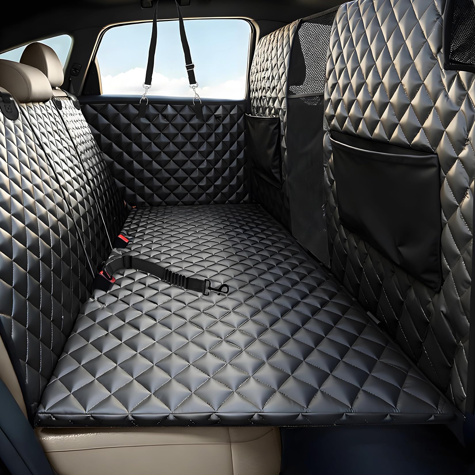 Garvee Back Seat Extender for Dogs, Hard Bottom Dog Seat Cover, Holds Up to 400 LB, Waterproof Backseat Cover Pet Hammock for Car, SUV, Truck, Easy to Use & Clean, Black