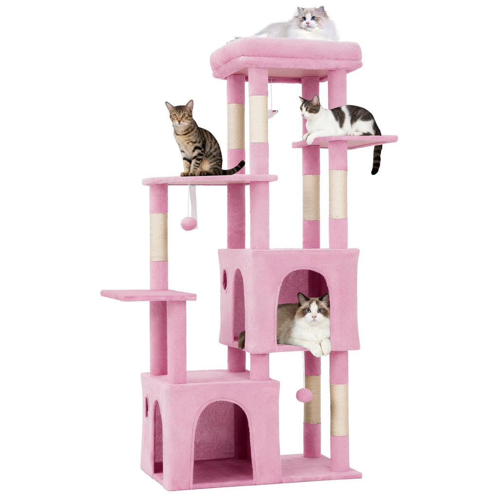 Garvee 61" Multi-Level Cat Tree for Indoor Cats, Heavy-Duty Tower for Large Adult & Maine Coon Cats with Oversized Perch, Dual Condos, Natural Sisal Scratching Posts & Play Toys – Pink