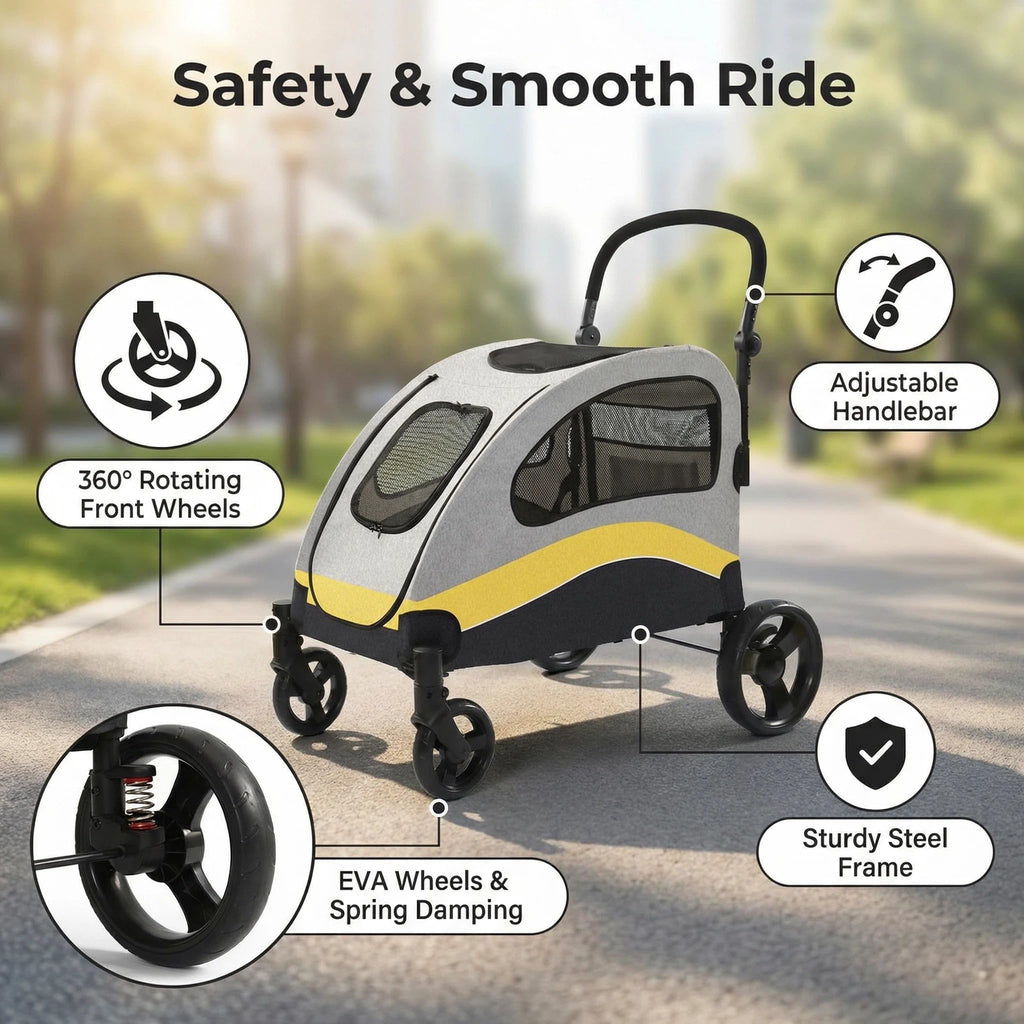 Garvee Foldable Dog Stroller, Large Dog Carrier with 360° Wheels, Adjustable Handle & Storage Pocket, Portable Puppy Travel Strollers, Pet Wagon for Large Dogs, 135 Lbs Capacity, Yellow