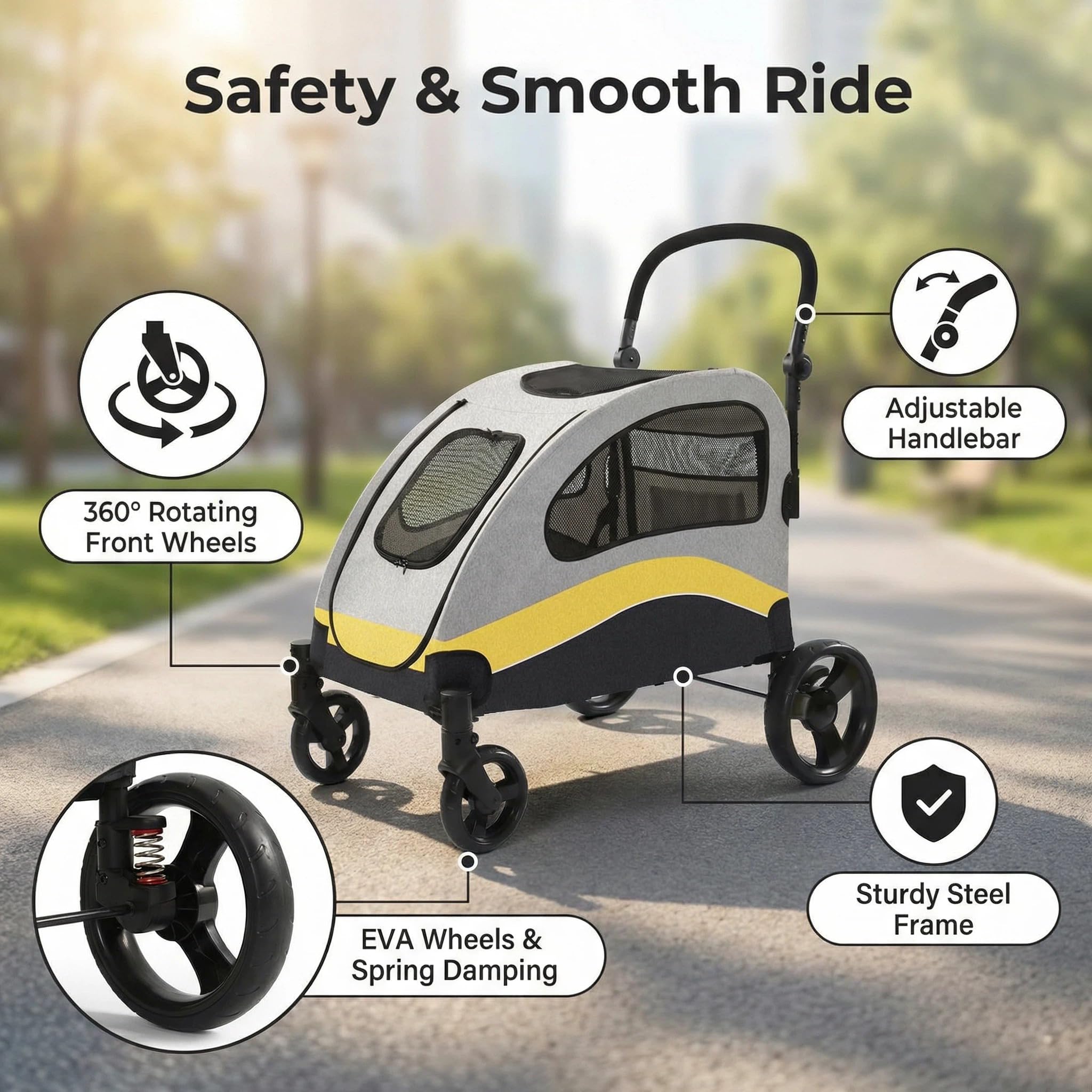 Garvee Foldable Dog Stroller, Large Dog Carrier with 360° Wheels, Adjustable Handle & Storage Pocket, Portable Puppy Travel Strollers, Pet Wagon for Large Dogs, 135 Lbs Capacity, Yellow