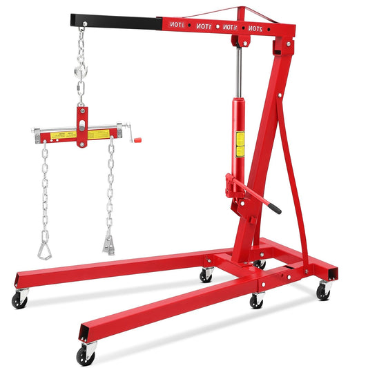 Garvee 2-Ton Hydraulic Folding Engine Hoist with Leveler, Telescopic Boom, Steel Frame, 6 Swivel Casters, Foldable for Garage Workshop, Red