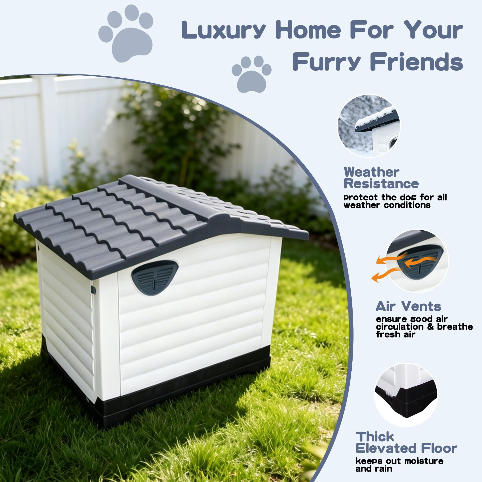 Garvee 2-Door Large Dog House for Indoor and Outdoor Dog House with Fold-Out Porch Elevated Base, Waterproof Pet House for Small and Medium Dogs, Easy Assembly, Gray (38''L x 26''W x 31''H)