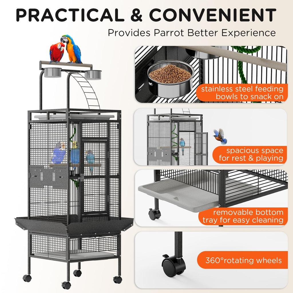 Garvee 60 Inch Wrought Iron Large Bird Flight Cage with Rolling Stand, Play Top & 4 Stainless Steel Bowls, Flight Parrot Cage for African Grey, Cockatiel, Conure, Parakeet, Budgie, Lovebird, Black