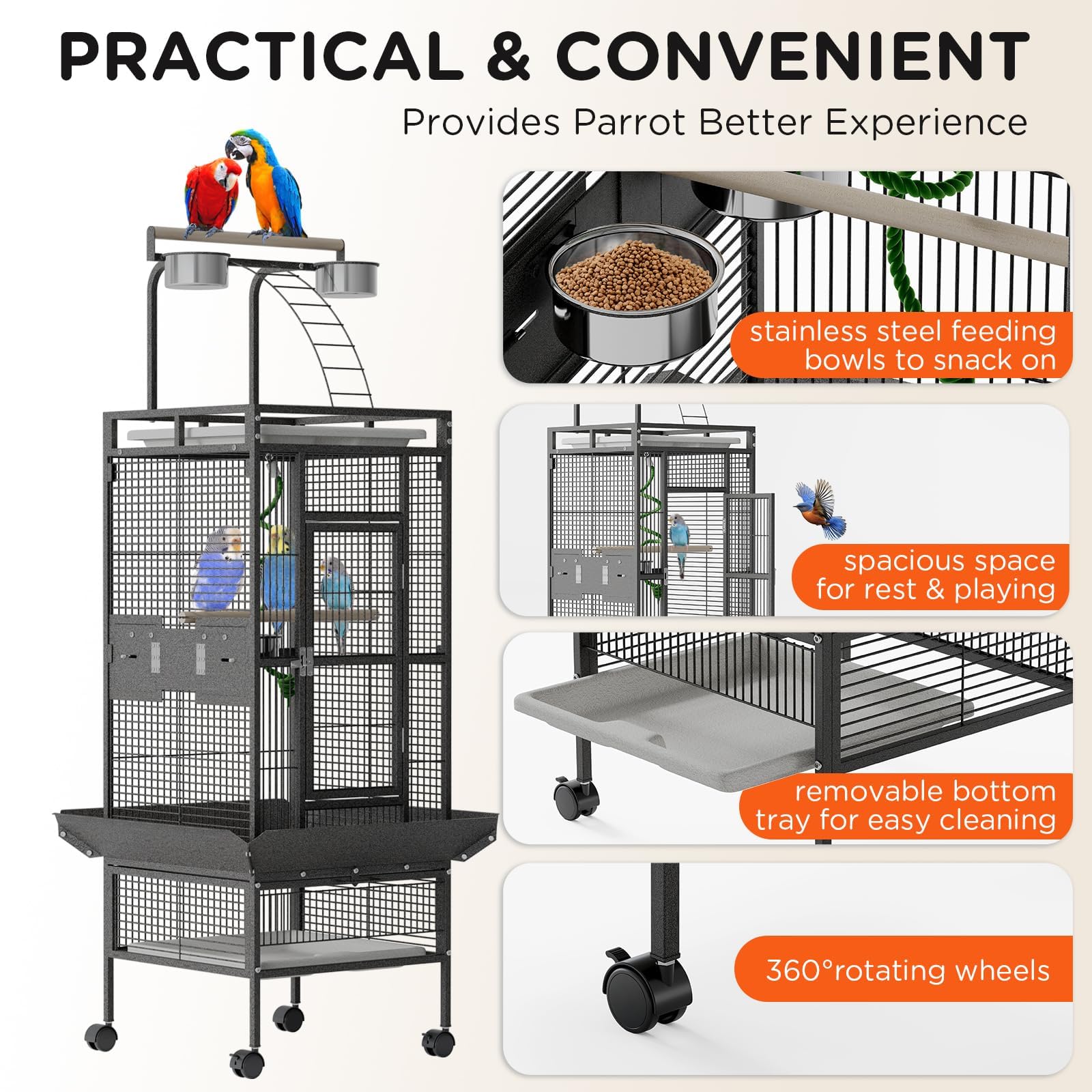 Garvee 60 Inch Wrought Iron Large Bird Flight Cage with Rolling Stand, Play Top & 4 Stainless Steel Bowls, Flight Parrot Cage for African Grey, Cockatiel, Conure, Parakeet, Budgie, Lovebird, Black