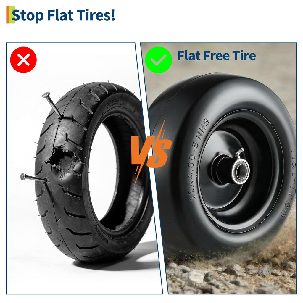 Garvee 11x4.00-5 Flat Free Lawn Mower Tire and Wheel with 3/4" Bushing, 299 LBS Capacity, PU Foam, 3.4" Hub, 5/8" 1/2" Adapter, Garden Cart Use