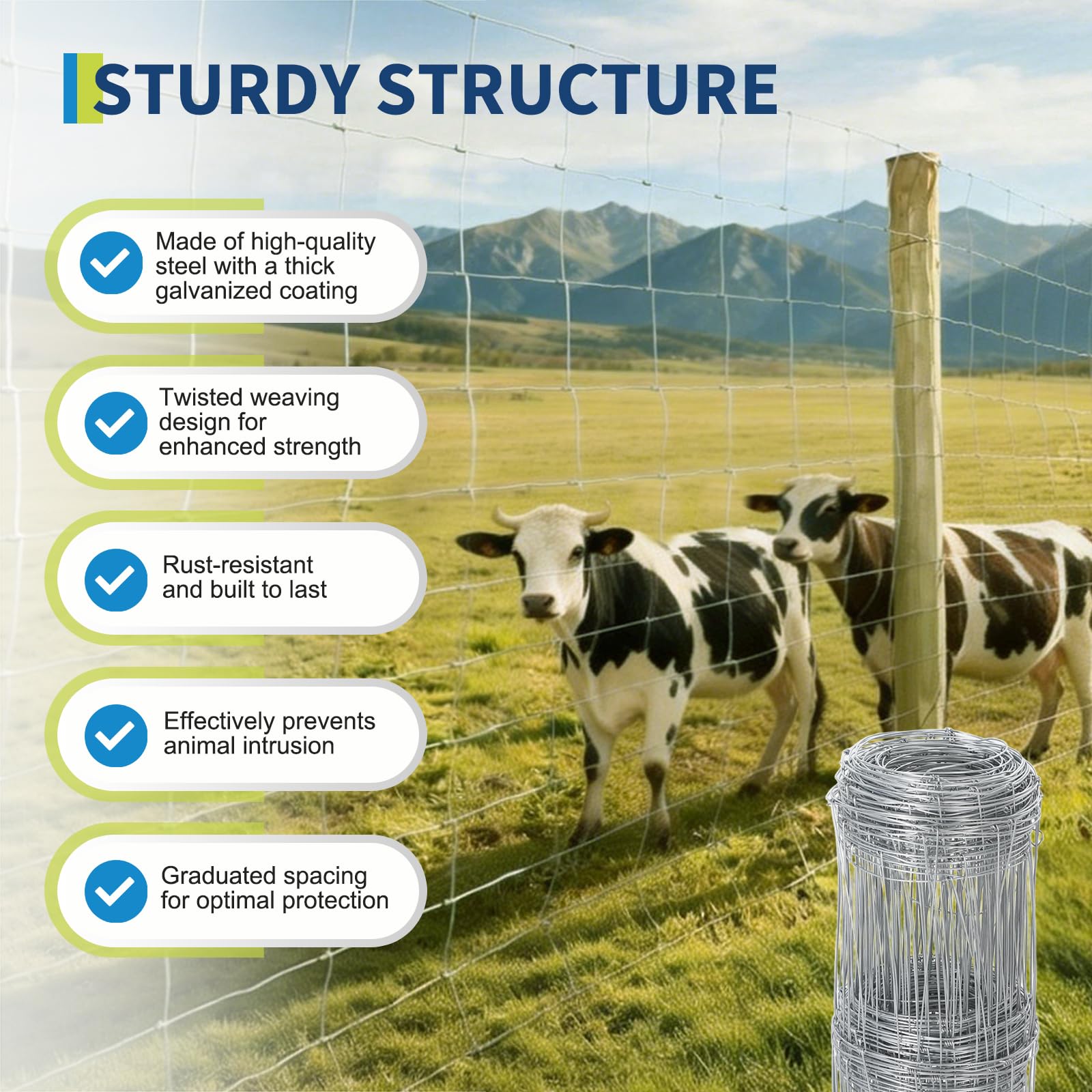 Garvee 5FT x 328FT Heavy Duty Farm Fence, Galvanized Wire Livestock Fencing for Goats, Cattle & Deer, High-Zinc Field Fence Roll for Yard, Pasture & Ranch Protection