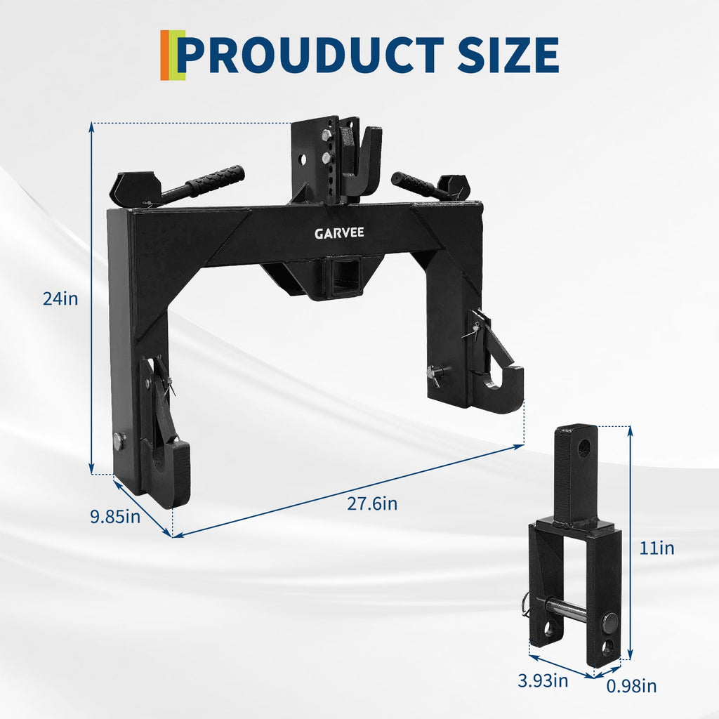 Garvee Heavy Duty 3-Point Quick Hitch Tool Set for Category 1 Tractors - Upgraded Versatile Adapter, 2" Receiver, 5-Level Adjustable Bolt, 3000 lbs Lift Capacity, Trailer Hitch Attachment - Black