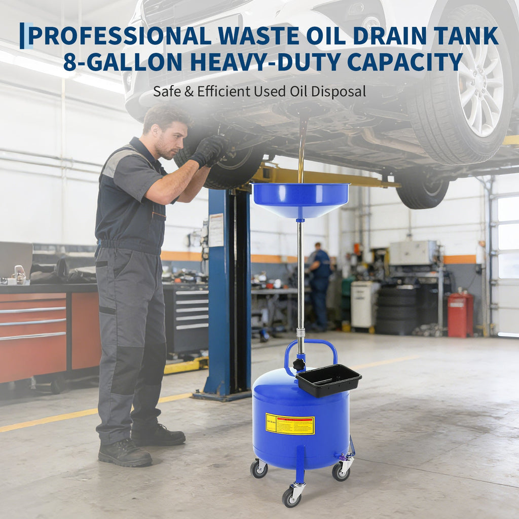 Garvee 8 Gallon Portable Air-Operated Waste Oil Drainer with Adjustable 15" Funnel, Heavy-Duty Steel, Casters, Toolbox - Garage & Repair Shop Use, Blue