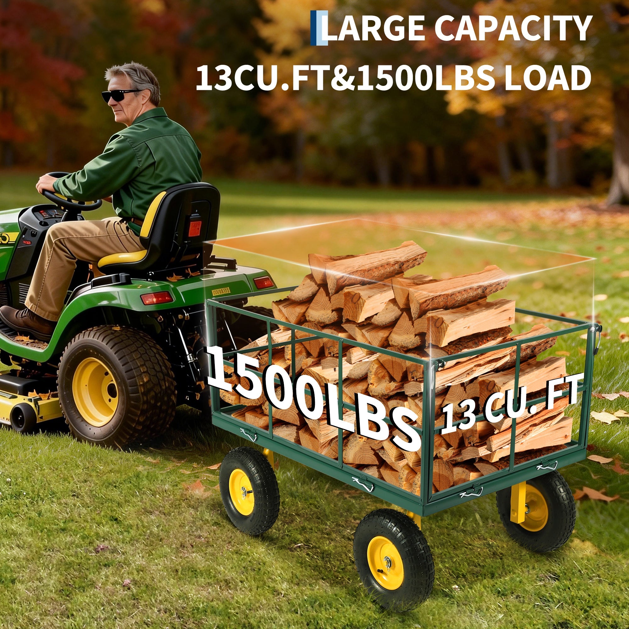 Garvee Heavy Duty 1500 lbs Steel Garden Cart – 3-in-1 Outdoor Utility Wagon with Removable Mesh Sides, 13" All-Terrain Wheels, 180° Rotating Handle – Lawn, Gardening, Plant Transport – 13-inch wheels, yellow rims + dark green frame + black handlebars