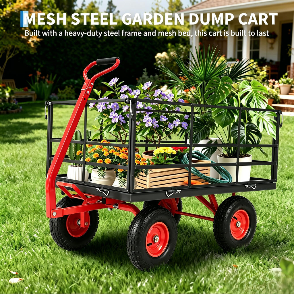 Garvee Steel Garden Cart for Lawn and Landscaping, 1500 lbs Capacity with 13-Inch Wheels, Removable Sides and Swivel Handle, Red and Black
