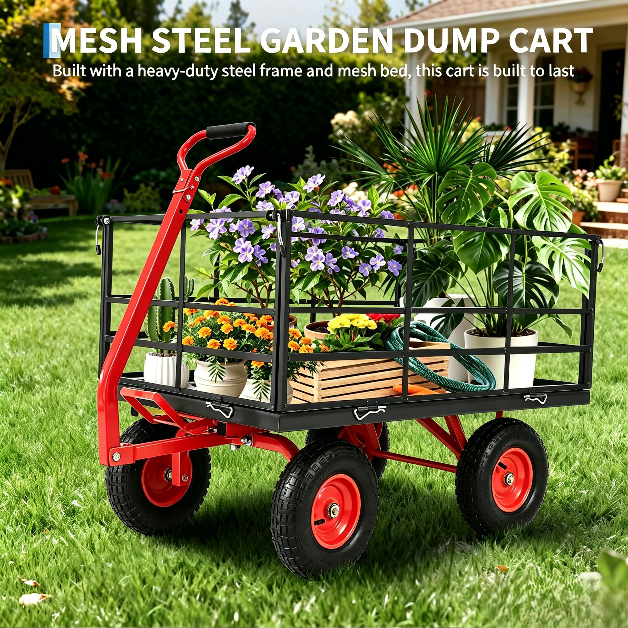 Garvee Steel Garden Cart for Lawn and Landscaping, 1500 lbs Capacity with 13-Inch Wheels, Removable Sides and Swivel Handle, Red and Black