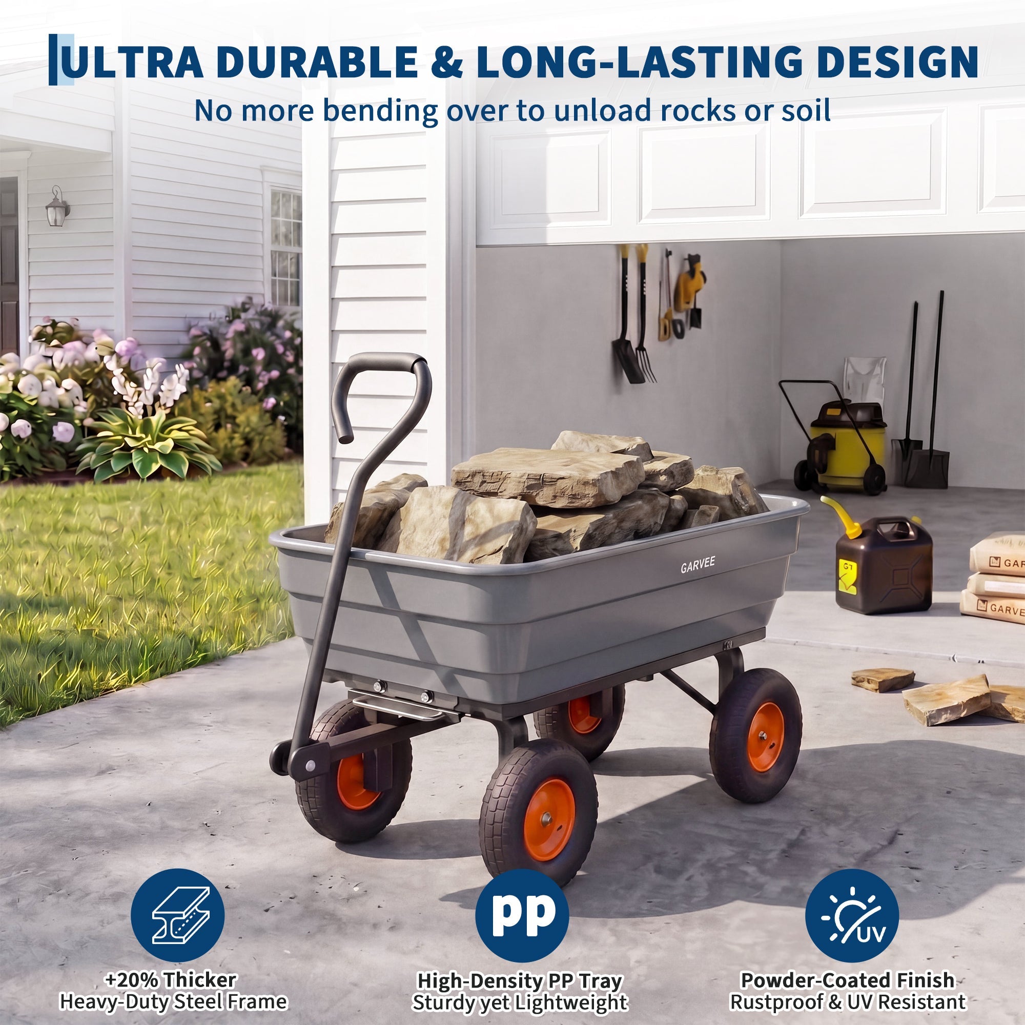 Garvee Garden Dump Cart 600 lb Capacity, 10" All-Terrain Wheel Utility Wagon with Steel Frame, Poly Bed, Quick-Release Dump & 180° Handle, Gray/Orange