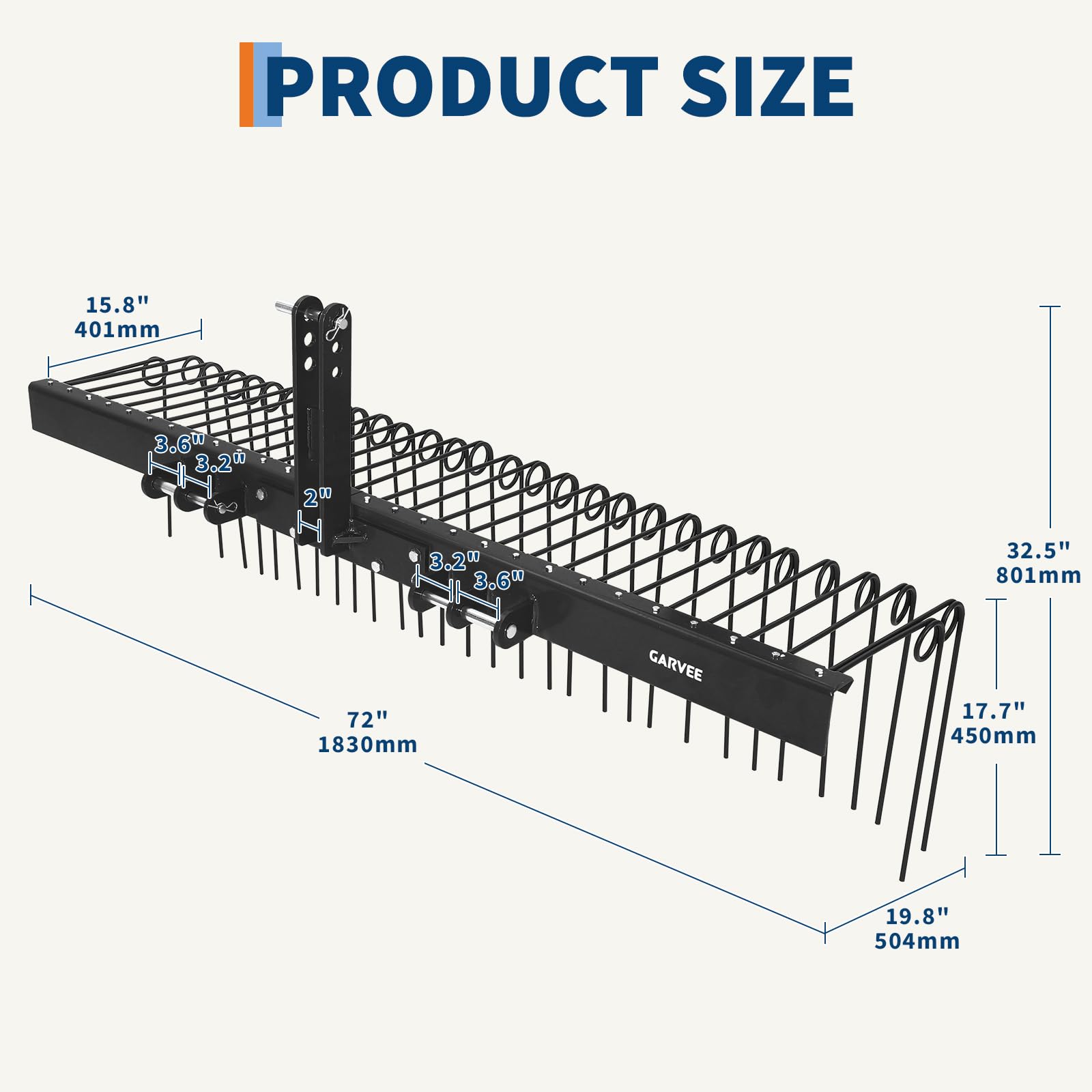 Garvee 72" Tow Behind Landscape Rake with 30 Steel Tines, Quick Hitch, Heavy Duty Powder Coated, Fits Category 1 Tractors, Yard Cleaning Tool
