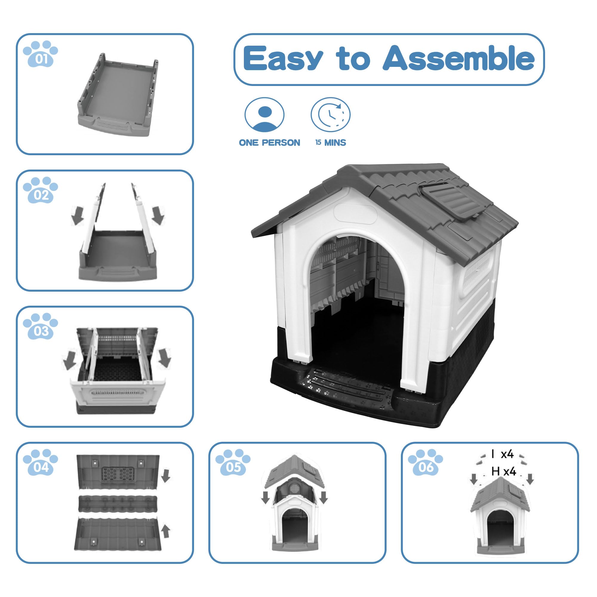 Garvee X-Large Dog House Outdoor with Air Vents and Elevated Floor for Medium Large Dogs, Plastic Waterproof Doghouse Sloping Roof, Easy Clean and Assemble, Blue
