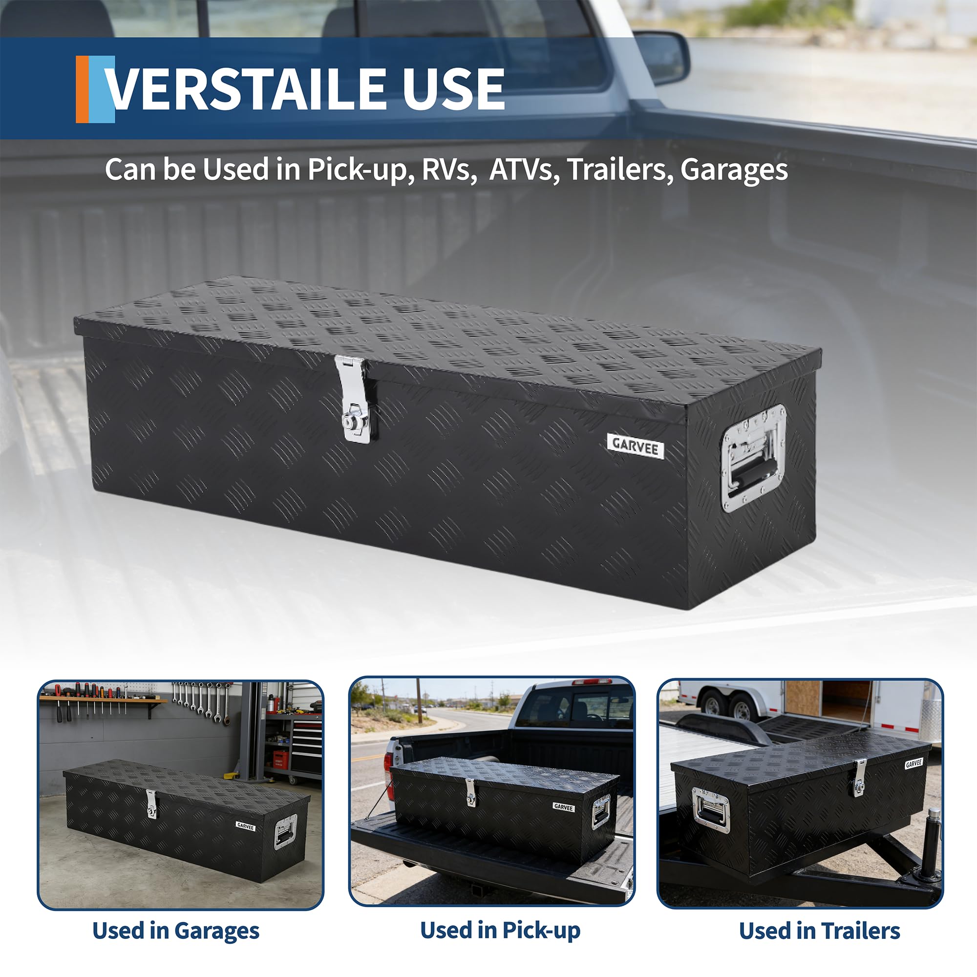 Garvee 30"X13"X9.6" Aluminum Truck Bed Tool Box - Heavy Duty Diamond Plate, Lock & Keys, Weather-Resistant, Side Handles, Black, Pickup Trucks & Trailers