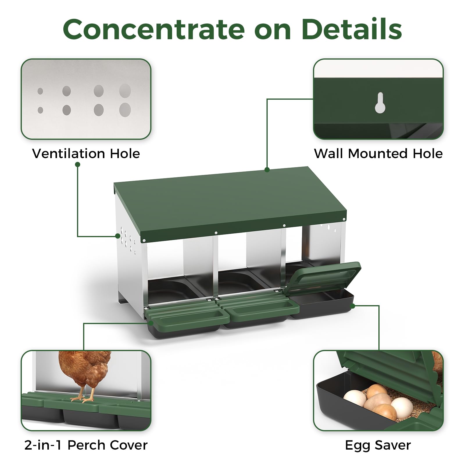 Garvee 3-Hole Metal Chicken Nesting Box, Roll Away Poultry Laying Box with Sloped Roof, 31.5"x20.5"x16.9", Green