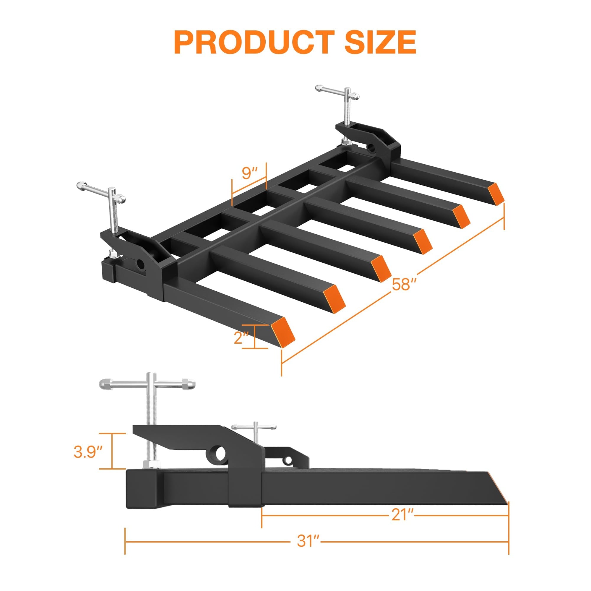 Garvee Heavy Duty 58 Inch Clamp-On Pallet Forks, Set of 6 – 4000 lbs Capacity for Tractor Loader Bucket – Robust Design – Color: Black & Orange