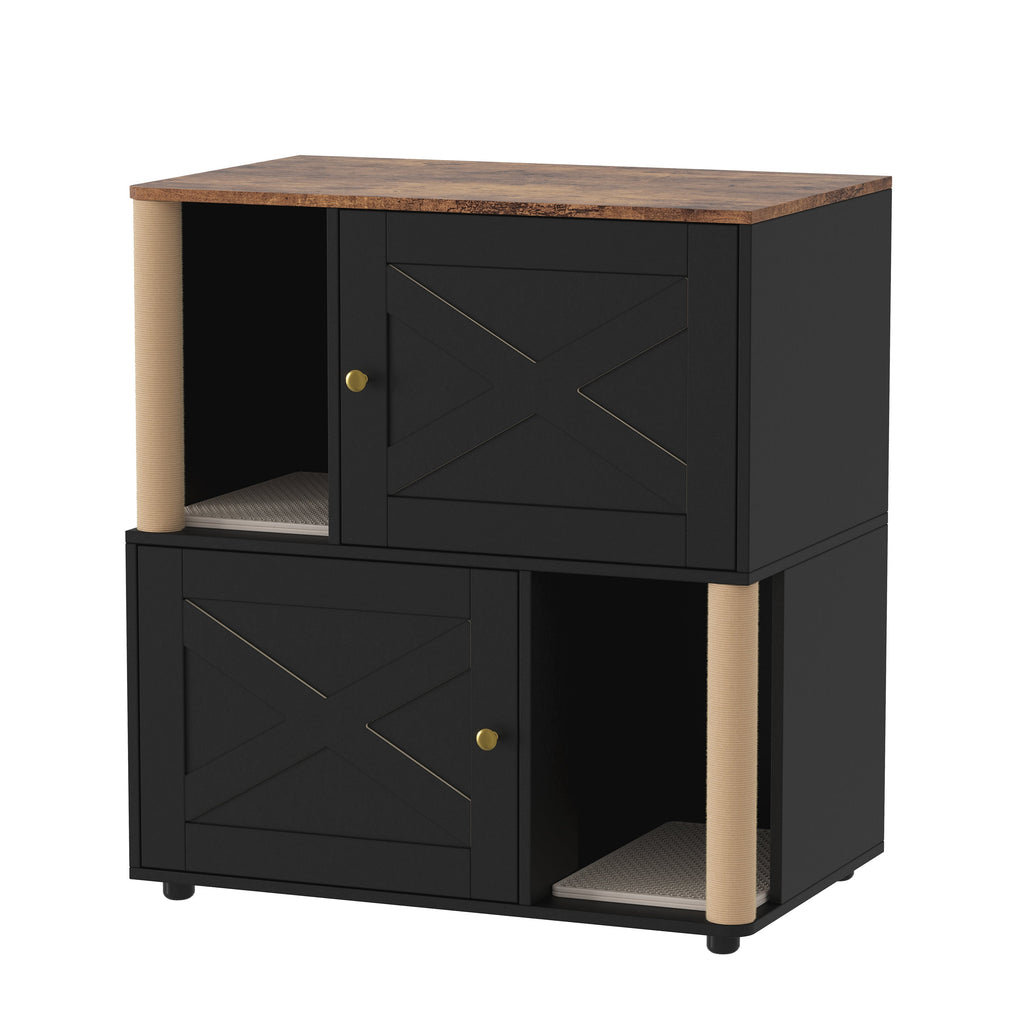 Garvee Double Cat Litter Box Enclosure Furniture – 2-Tier Modern Cat Condo with Marking Posts, Dual Mats, Odor Control, Hidden Washroom Cabinet, Dog-Proof, End Table – X-Door Black
