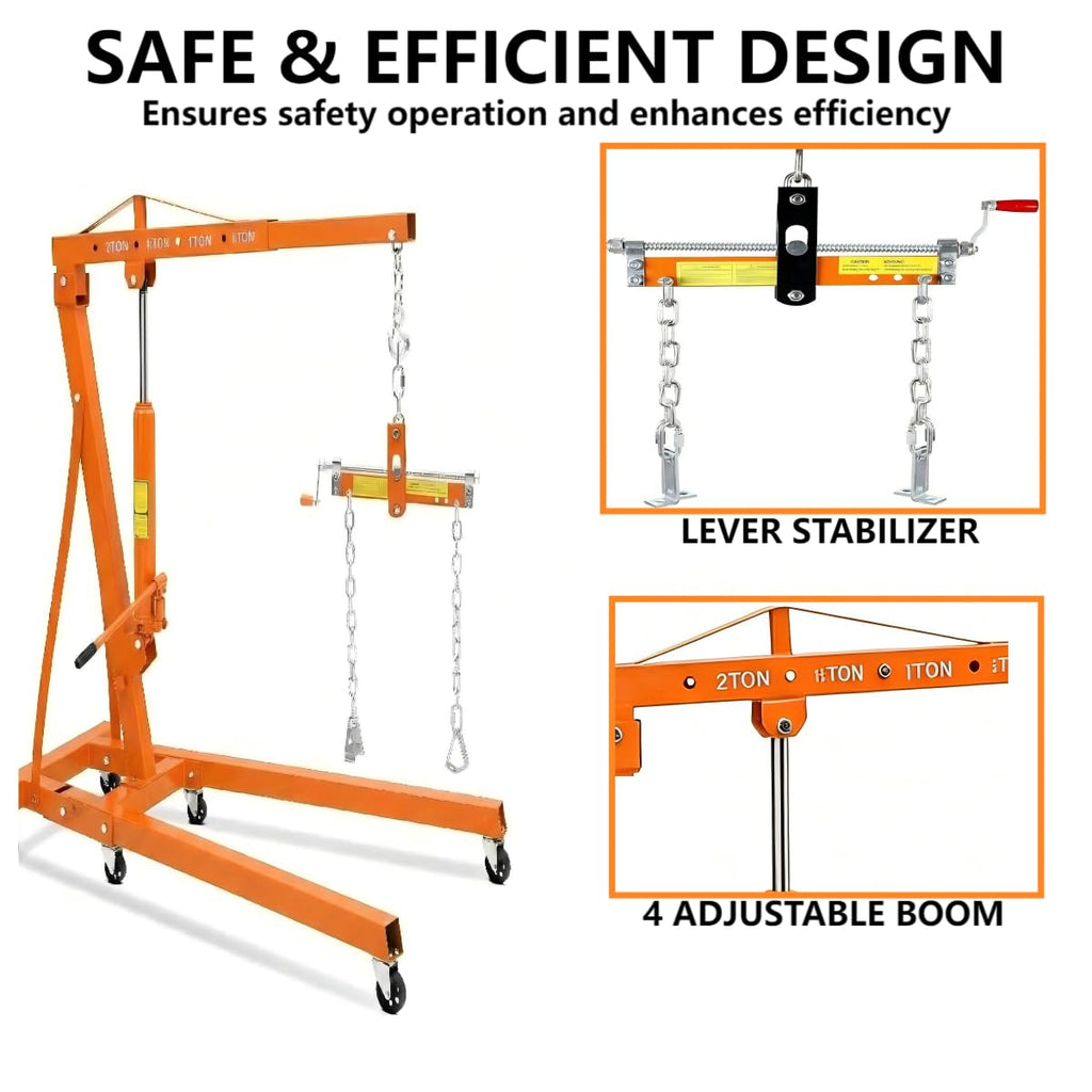 Garvee 2 Ton Hydraulic Engine Hoist with Lever Stabilizer, 4-Position Adjustable Boom, 360° Swivel Casters, High-Strength Steel, Foldable Design for Auto Repair Workshop