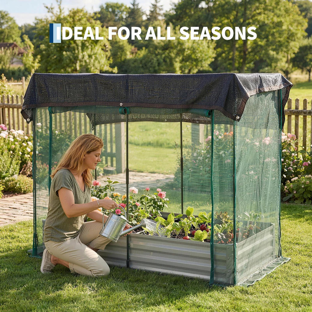 Garvee 8 x 4 x 1 FT Galvanized Raised Garden Bed with Crop Cage, 60% Shade Cloth, Zippered Doors & Pest Net for Vegetables and Herbs, Off-White