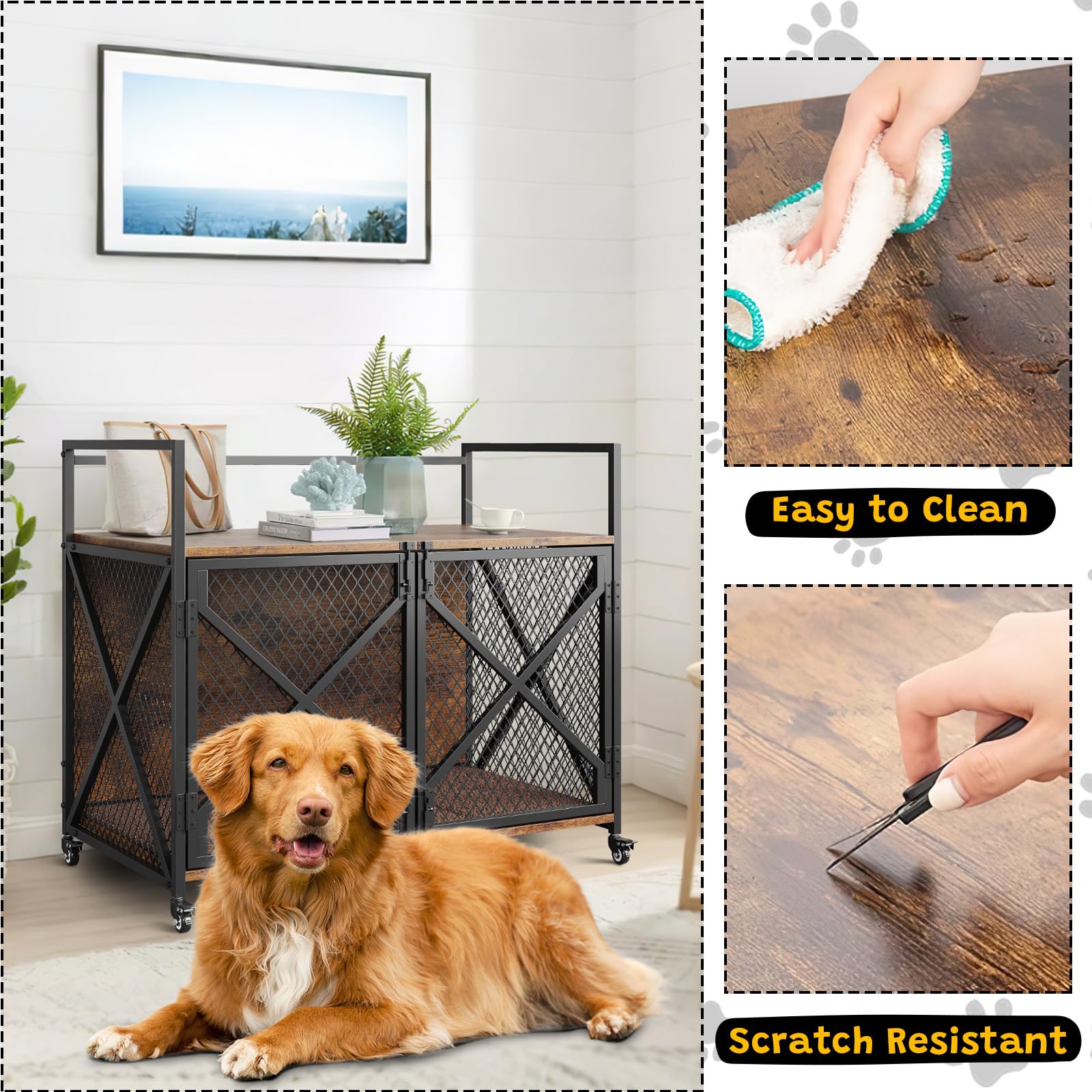 Garvee 41 Inch Dog Crate Furniture, Heavy Duty Dog Cage Furniture for Medium Dogs, Wooden Crates Indoor Kennels with Lockable 360° Wheels, Sturdy Dog Kennel Furniture Dog Crate with Divider