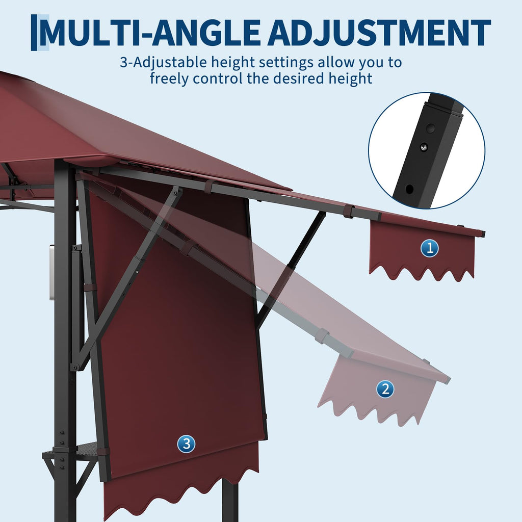 Garvee 8' × 5' Grill Gazebo with Dual Adjustable Awnings, 2-Tier Ventilated Canopy, Steel Frame, 2 Shelves & 7 Hooks, Claret