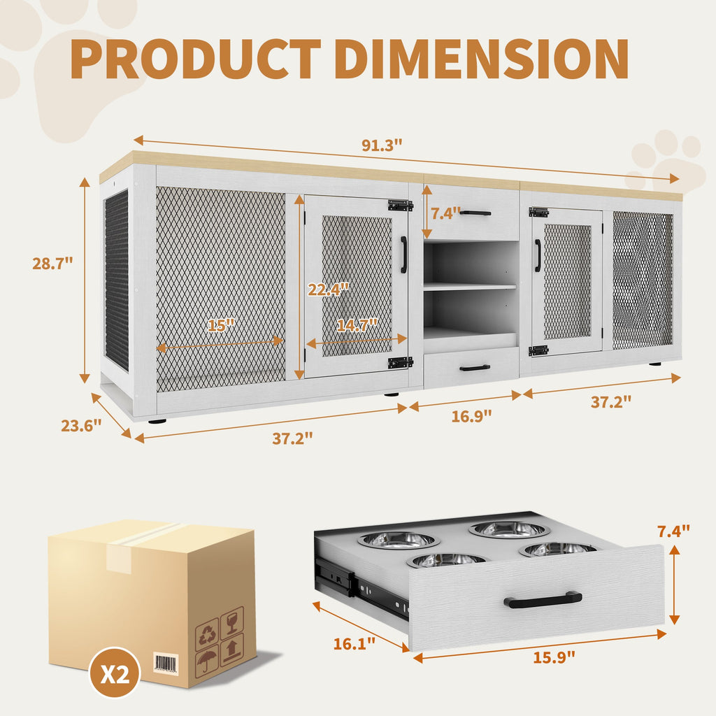 Garvee 90 Inch Large Dog Crate Furniture, Double Dog Crate with Feeding Station & Storage, Heavy Duty Dog Kennel Furniture for 2 Dogs