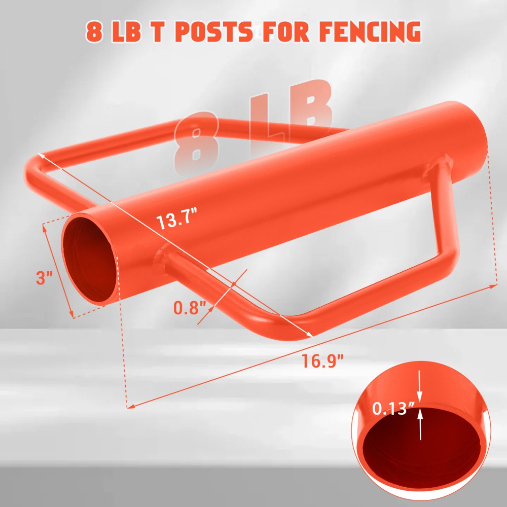 Garvee 8 LB Heavy Duty T-Post Driver - Manual Fence Post Pounder Hammer with Dual Handles for Installing T-Posts, Metal Stakes, Signposts, and Ground Rods, High-Visibility Orange
