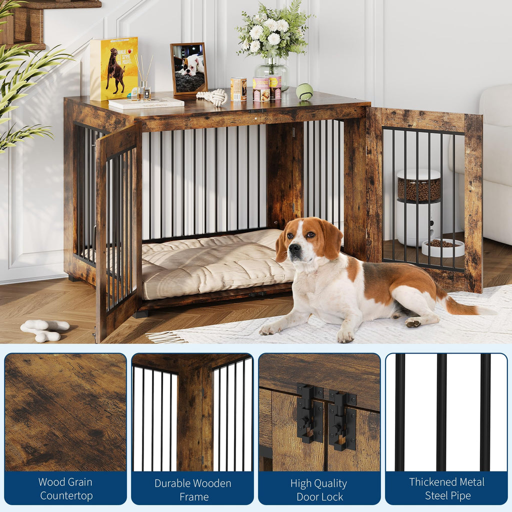 Garvee Rustic Farmhouse Dog Crate Furniture - Medium Indoor Wooden Kennel End Table with Dual Locking Doors - Chew-Resistant, Ventilated Pet Cage for Medium Dogs - Brown, Medium
