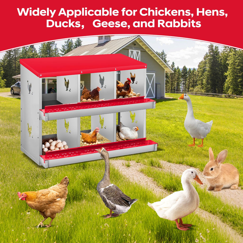 Garvee Chicken Nesting Box, 3 Room Galvanized Steel Laying Boxes, Metal Nesting Boxes for Hens with 10 Pads & 4 Fake Eggs, Easy Egg Collection, Vented Holes Poultry Nest for Chicken Coop, Red