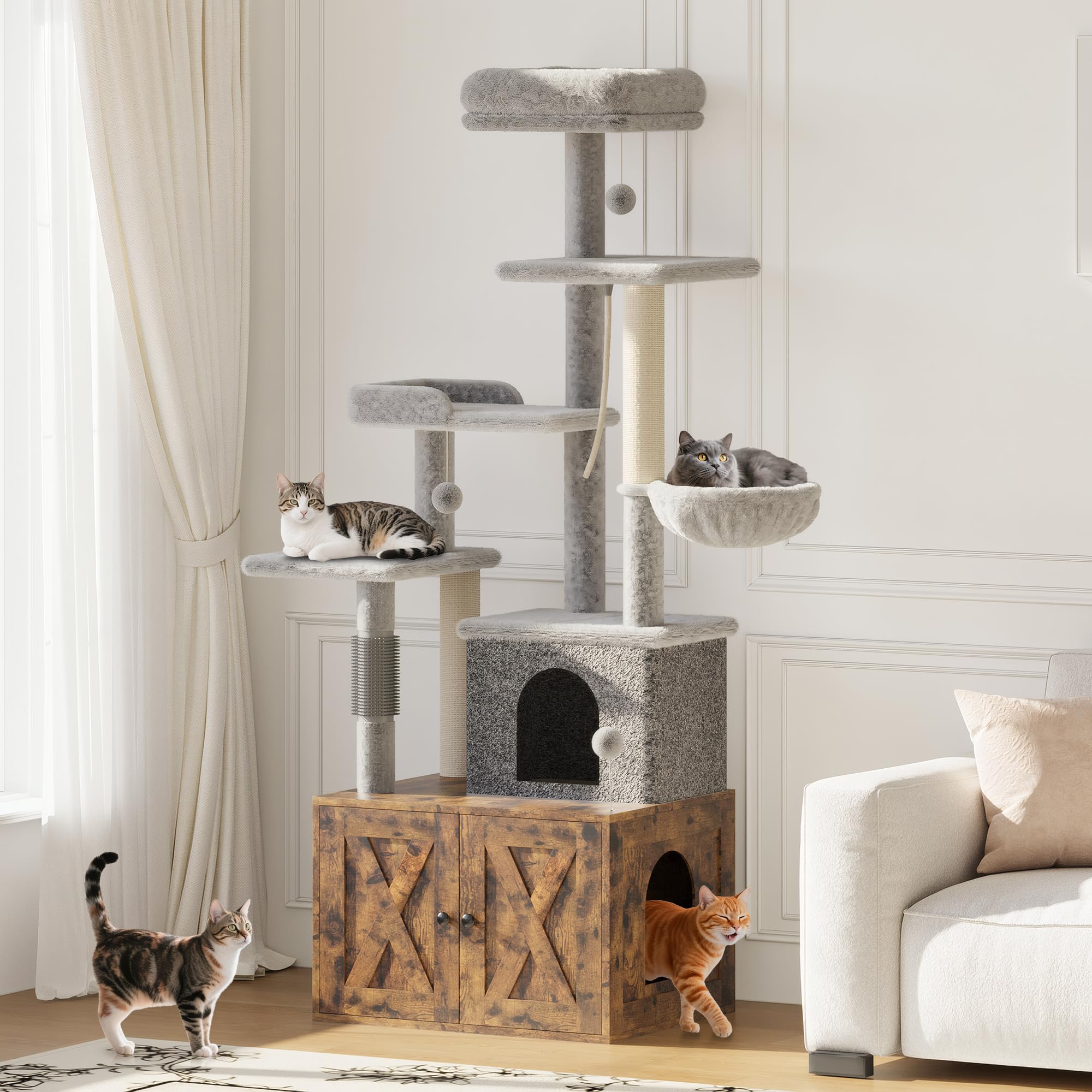 Garvee Litter Box Enclosure with Cat Tree, 2 in-1 Modern Cat Tower, Hidden Washroom Furniture, Wood Cat Condo with Scratching Post and Hammock, Indoor Pet Furniture with Multiple Platform, Retro Brown