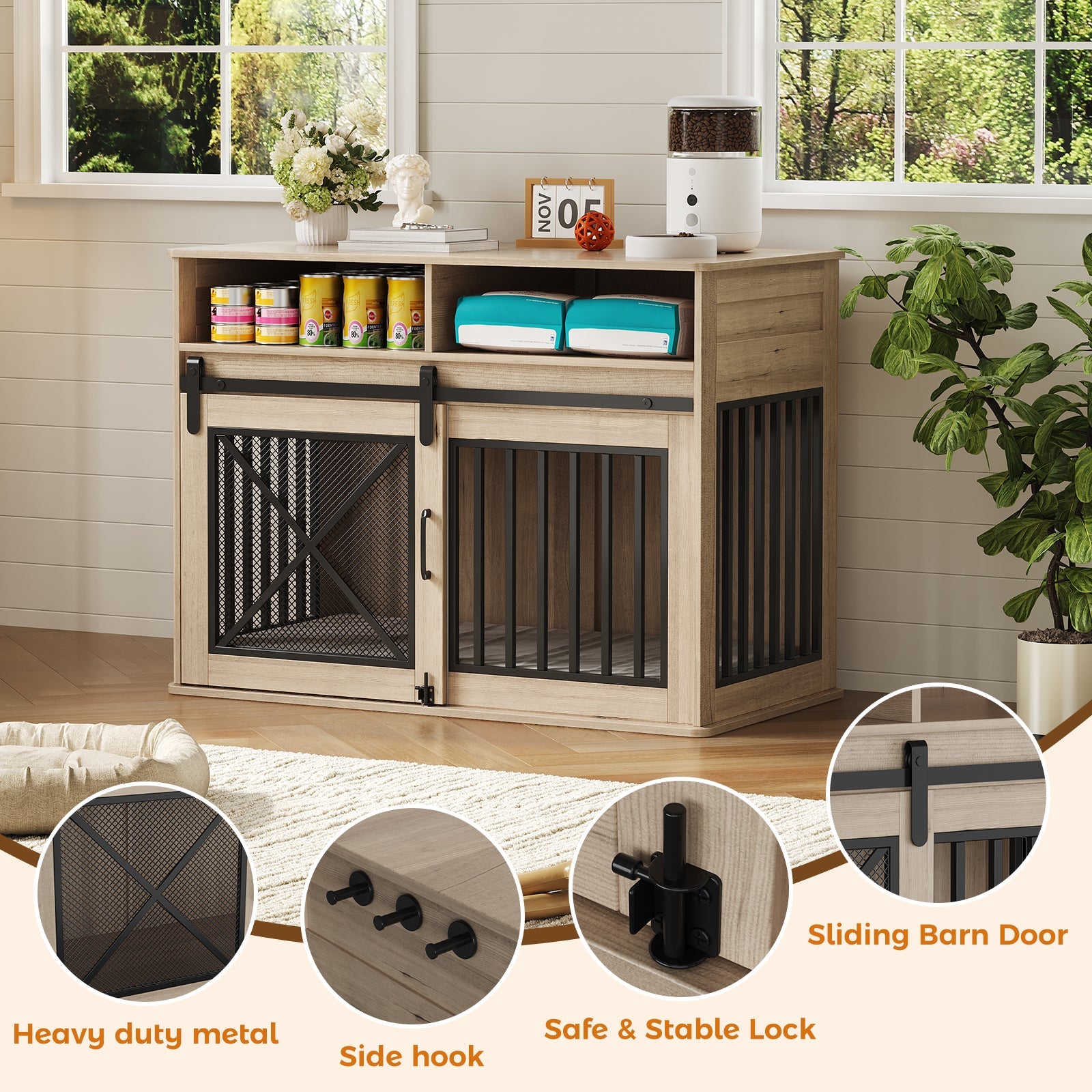 Garvee 44.5 Inch Large Dog Crate Furniture with 2 Storage Self, Wooden Dog Kennel Furniture As End Table, Decorative Pet Cage Dog House Indoor for Medium/Large Dogs, Chew-Proof, Gray
