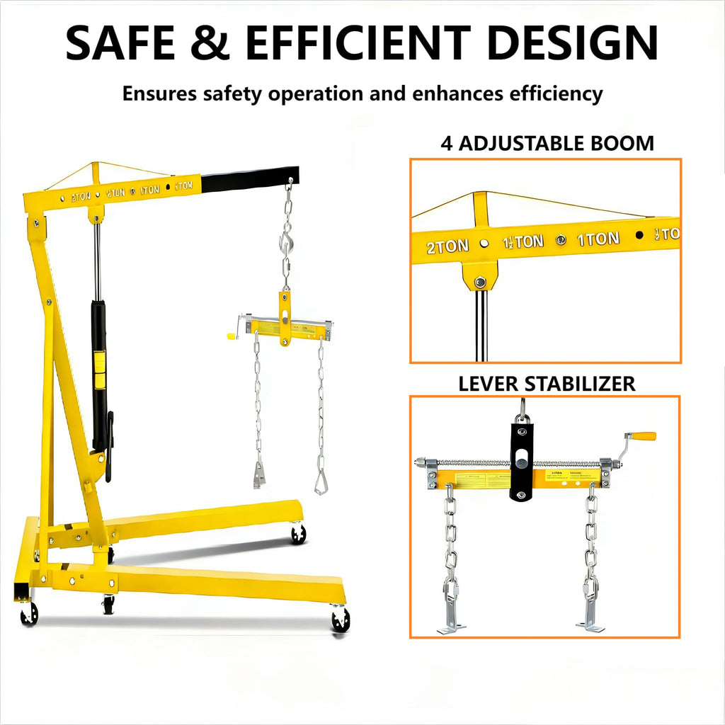 Garvee 2 Ton Hydraulic Engine Hoist with Lever Stabilizer, 4 Adjustable Boom, High-Strength Steel, 6 Swivel Casters, Foldable Design for Auto Repair