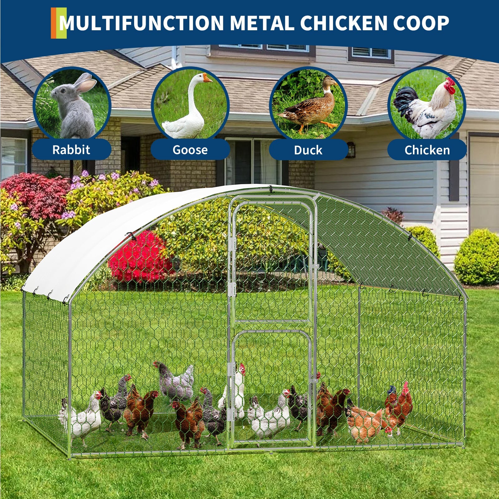 Garvee 9.8' × 6.5' Walk-In Metal Chicken Coop, Galvanized Outdoor Poultry Cage with Double Doors, Secure Lock & Waterproof UV-Resistant Cover for Backyard Farm