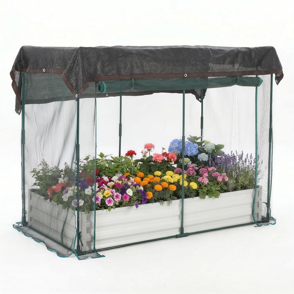Garvee 8 x 4 x 1 FT Galvanized Raised Garden Bed with Crop Cage, 60% Shade Cloth, Zippered Doors & Pest Net for Vegetables and Herbs, Off-White