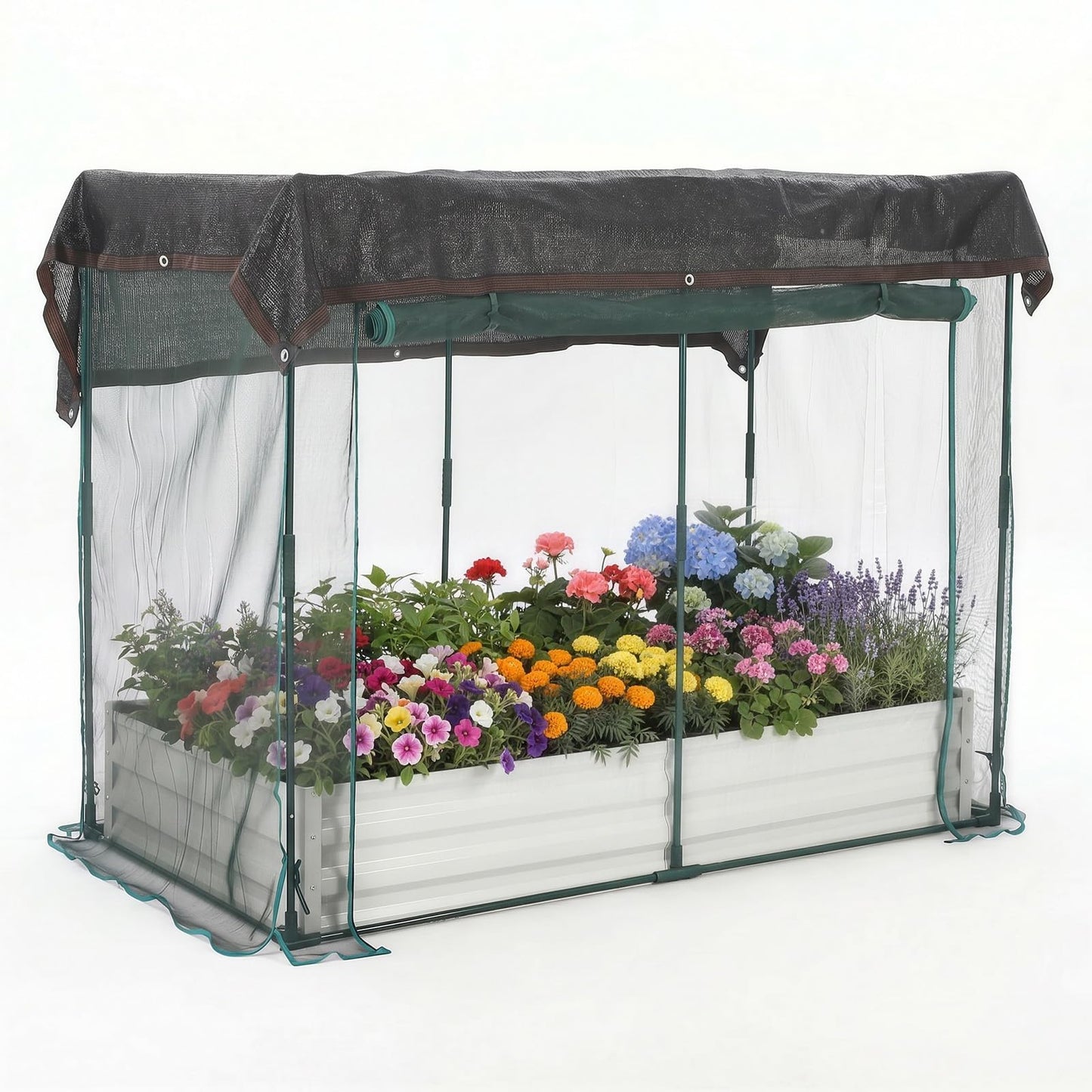 Garvee 8 x 4 x 1 FT Galvanized Raised Garden Bed with Crop Cage, 60% Shade Cloth, Zippered Doors & Pest Net for Vegetables and Herbs, Off-White