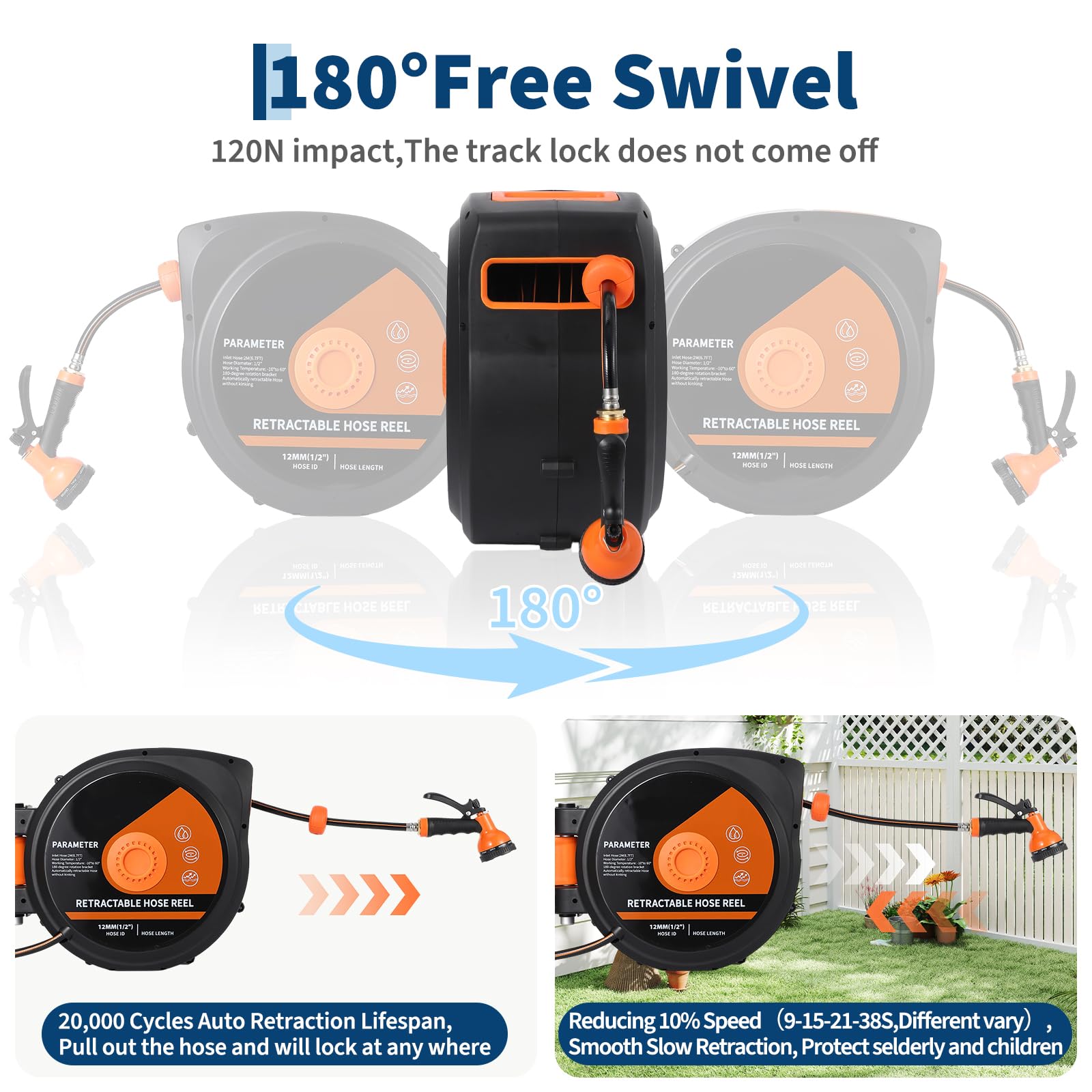 Garvee 1/2" × 65 FT Retractable Garden Hose Reel, Wall-Mounted with 10-Pattern Spray Nozzle, 180° Swivel Bracket, Slow Auto Rewind and Any-Length Lock