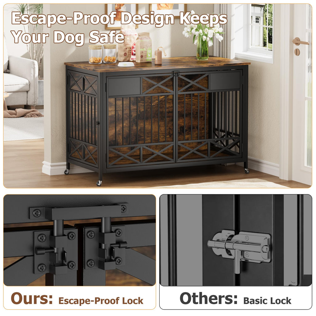 Garvee Heavy Duty Wooden Dog Crate Furniture - 47 Inch Large Pet Kennel Cage with Double Doors, Pulley System & Name Tag - Decorative End Table & TV Stand for Dogs, Antique Brown