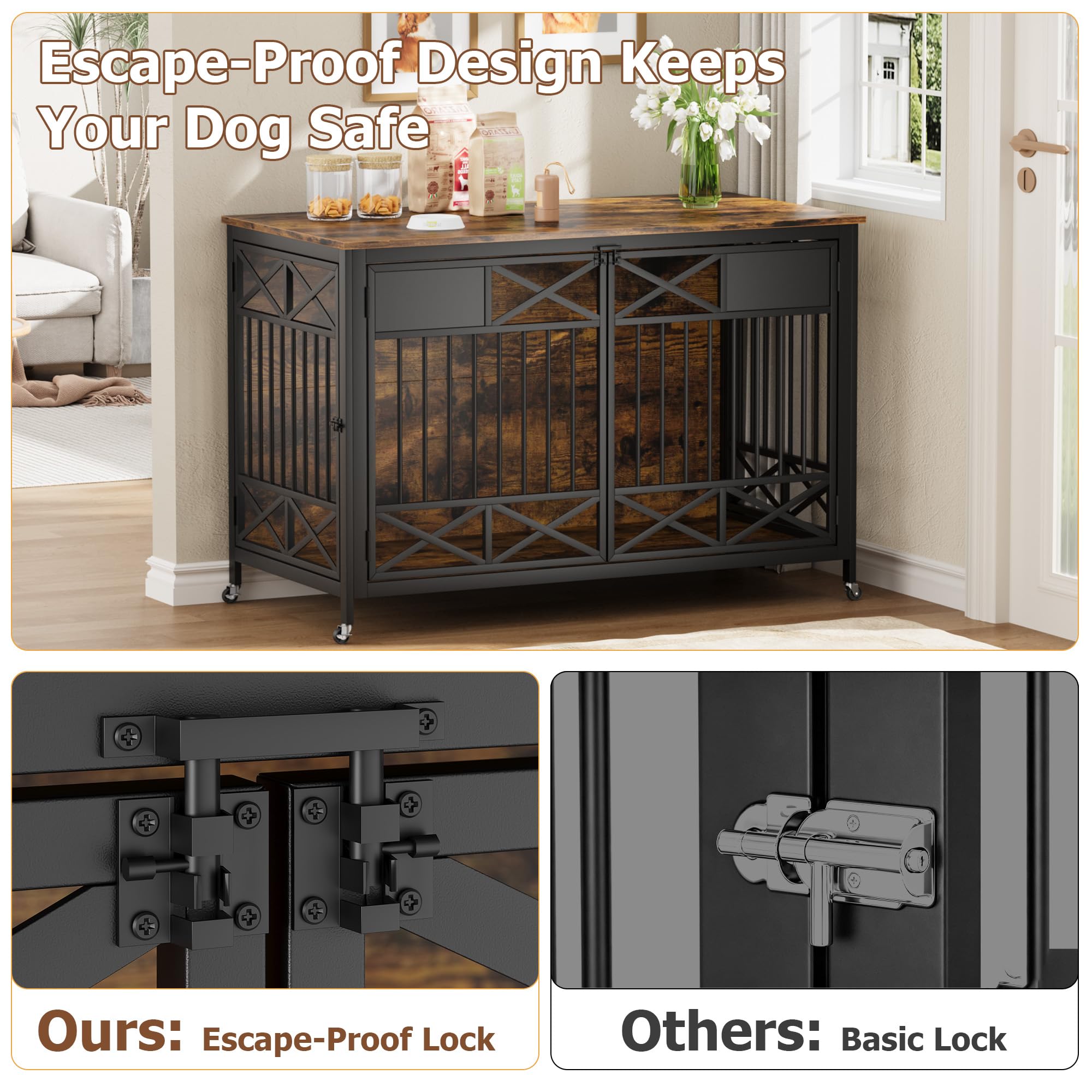Garvee Heavy Duty Wooden Dog Crate Furniture - 47 Inch Large Pet Kennel Cage with Double Doors, Pulley System & Name Tag - Decorative End Table & TV Stand for Dogs, Antique Brown
